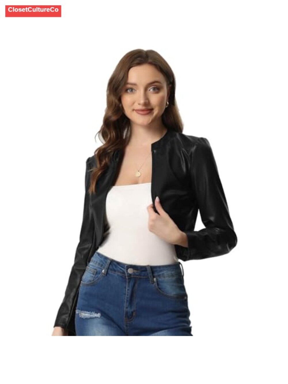 Faux Leather Moto Biker Jacket Open Front Cropped Long Sleeve Party Outerwear